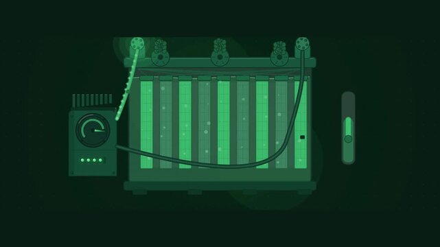 Abstract animated battery cell taking on charge drawn as green and teal lines and shapes on a deep dark background. Seamless looping 4K motion graphics video with free space for text, ideal for sustai
