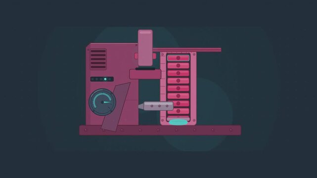 Abstract animated spring feeder pushing parts forward drawn as coral and magenta lines and shapes on a deep dark background. Seamless looping 4K motion graphics video with free space for text, ideal f