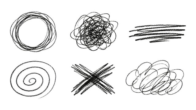 Six black hand-drawn scribbles and sketch marks on a transparent background, featuring circular loops, a tangled knot, horizontal strokes, a spiral, a crossed X hatch and an oval doodle