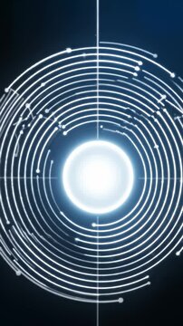 Abstract Digital Circuitry Expanding From a Glowing Central Point in Dark Blue Background