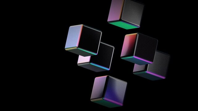 A group of holographic cubes floating in darkness, emitting colorful light and futuristic vibes