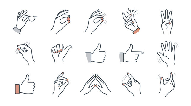 Vector hand gesture line icon set for communication and business including thumbs up, pointing, and holding signs
