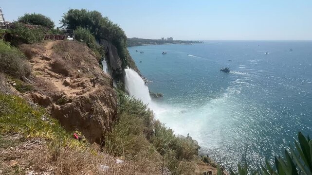 Duden Waterfall with Airplane Shadow Crossing Mediterranean Sea