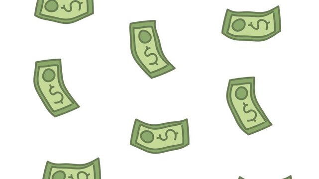 Seamless loop of falling dollar bills creating a dynamic animated background perfect for business and financial concepts.