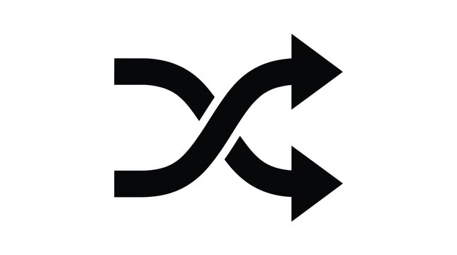 Black shuffle icon with two crossing curved arrows on white background