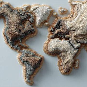 Modern Minimalist 3D World Map Relief on White Background, 화이트 배경의 모던 미니멀 3D 세계지도 입체