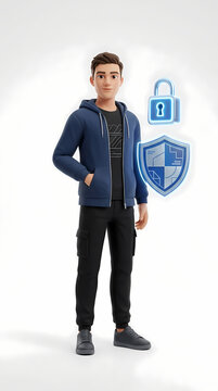 A young male character wearing a casual hoodie stands proudly while presenting digital security icons representing cyber protection and personal data privacy for individuals in the technological