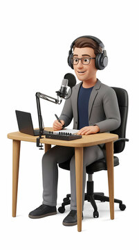 A male podcaster wearing professional headphones sits at a wooden desk with a microphone and laptop while recording a digital audio broadcast program to share interesting stories with global