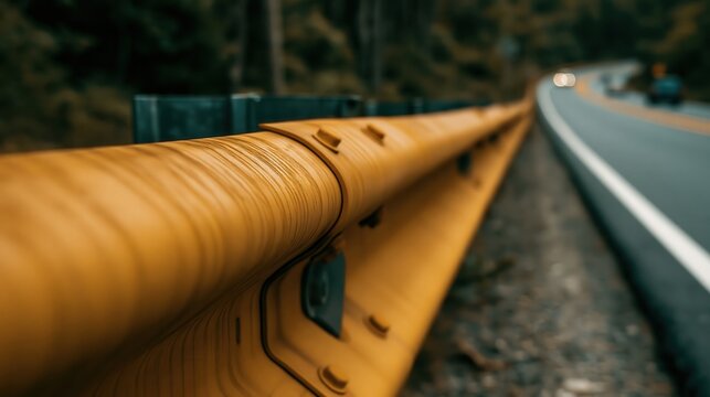 A bright yellow metal barrier runs alongside a curving asphalt road in a wooded area.