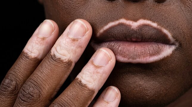 Close up of vitiligo skin depigmentation patches on black woman lips and fingers
