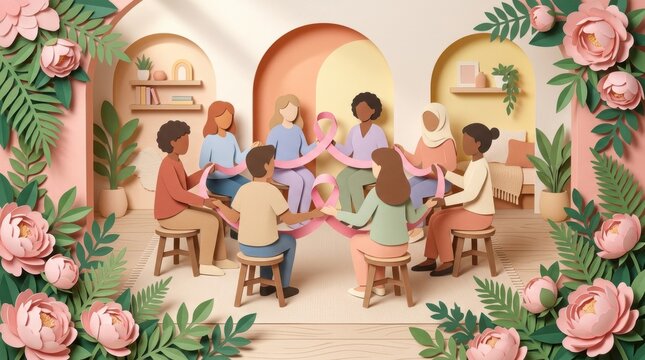 Breast cancer awareness papercut illustration with a community gathering