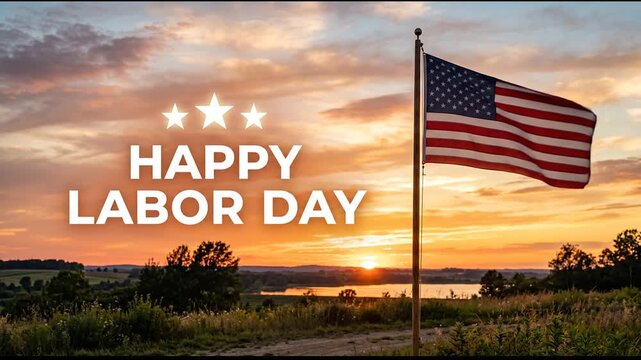 Labor Day greeting with American flag waving at sunset over scenic landscape
