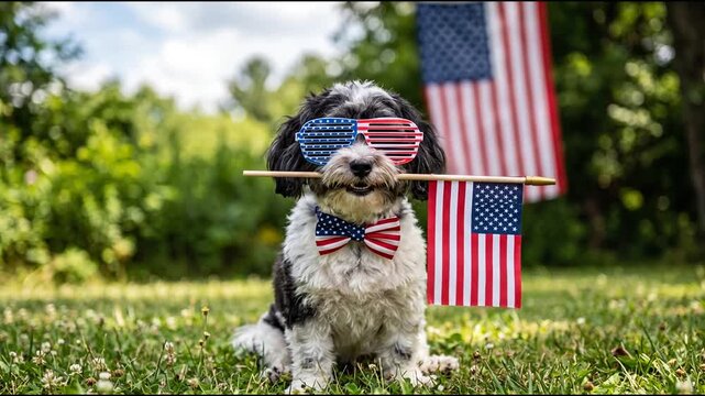 Patriotic Havanese Dog Wearing American Flag Glasses Holding Small Flag