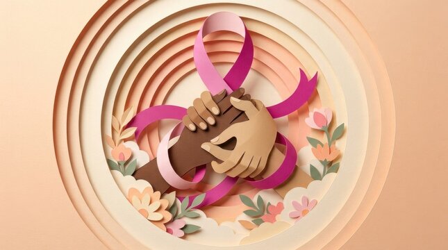 Breast cancer awareness papercut ribbon illustration with hands and flowers