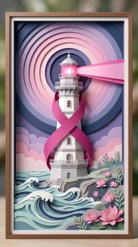 Lighthouse papercut ribbon artwork symbolizing breast cancer awareness in waves