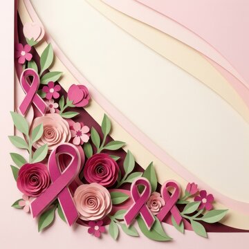 Breast cancer awareness papercut ribbon floral illustration for campaigns