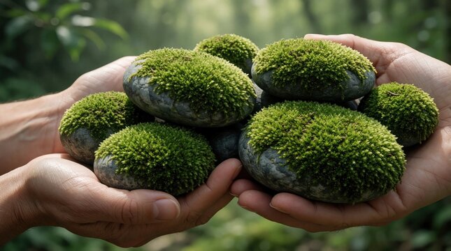 Human hands hold smooth river stones covered in thick green moss. Person cradles organic rocks with vibrant plants in forest. Close up shot shows natural texture, ecology concept, zen balance, earth