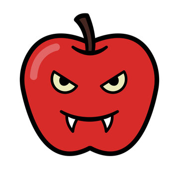 Red apple vampire cartoon with angry expression and fangs on transparency background