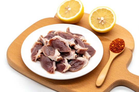 Raw chicken gizzards piled on plate with lemon halves and chili powder. Ingredients for spicy chicken dish prepared on wooden board. Ready for cooking.