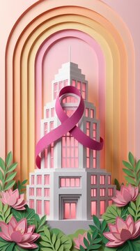 Breast cancer awareness ribbon papercut cityscape illustration with pink flowers