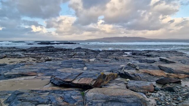 The rocks of Carrickfad by Portnoo at Narin Strand in County Donegal Ireland