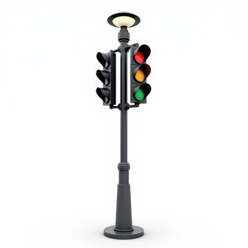 Modern urban traffic light pole with red, yellow, and green signals on white background, minimalist design, city infrastructure concept