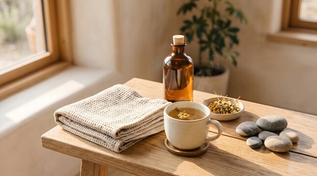 A peaceful wellness still life on a wooden bench featuring a steaming cup of chamomile tea and an amber glass bottle with a cork