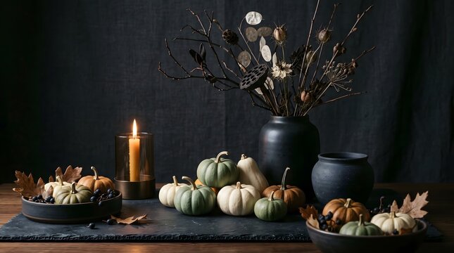 Elegant autumn still life arrangement featuring a variety of green and white pumpkins