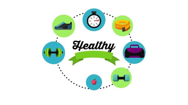 Healthy lifestyle animation with fitness icons rotating around central banner on white background.