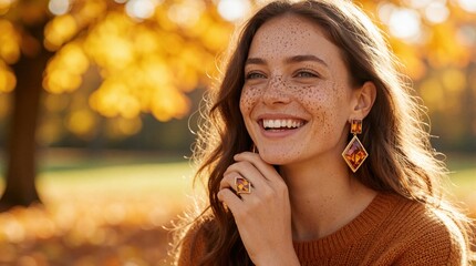 Naklejka premium Freckled woman wears amber earrings ring in sunny autumn park. Golden bokeh background highlights jewelry and natural beauty. Warm seasonal portrait.