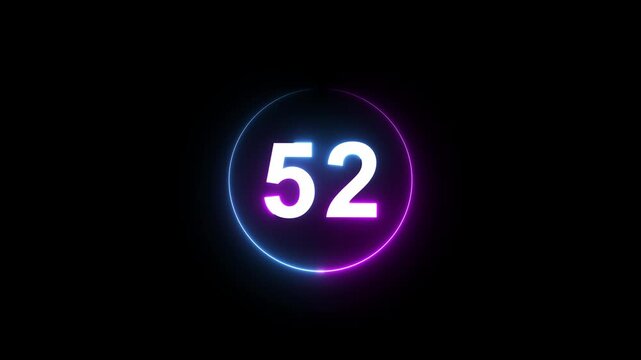 A dynamic circular animation, and glowing count neon number 52 animation . on a black background. and creating a stunning 4k video.