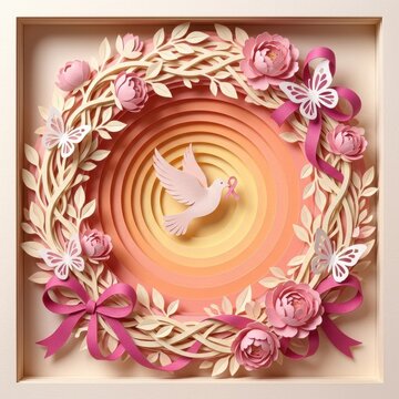 Breast cancer awareness ribbon papercut illustration with dove and flowers