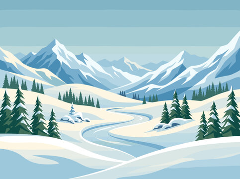 Winter mountain landscape vector illustration featuring snow-capped peaks, evergreen pine trees, a winding frozen river, and clear blue sky in a clean flat graphic design style.