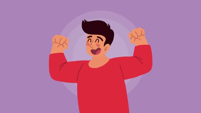 Happy young man in red shirt expressing joy and celebration with raised fists on a purple background motion clip.