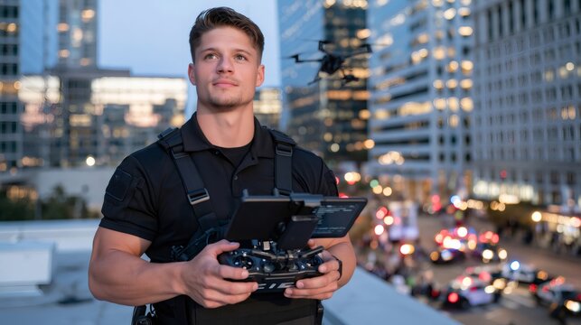 Drone pilot operating uav for city surveillance
