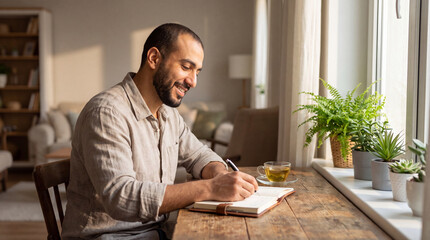 Fototapeta premium A Middle Eastern man journals quietly at a sunlit desk with plants for World Mental Health Day selfcare visuals.