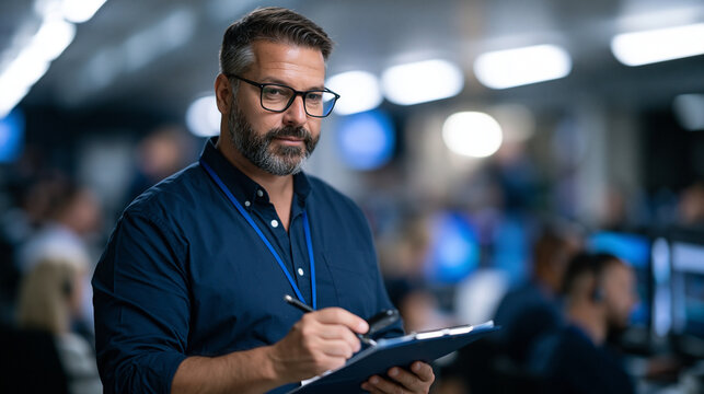 Help desk technician cross-references a physical security fob against a verification checklist on a clipboard; over-the-shoulder medium shot, cool fluorescent office lighting, mode