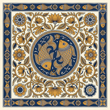 Decorative square tile pattern featuring aquatic creatures and floral motifs in deep blue and gold tones suitable for interior wall coverings textile designs or traditional folk art inspired
