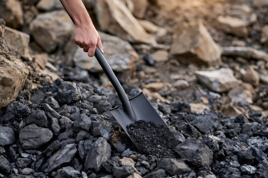 Hand shoveling black coal, mining natural resources for energy