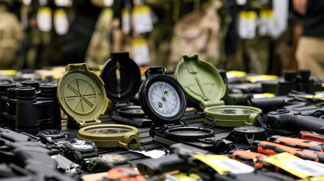 Compasses, binoculars, and survival gear displayed on a table
