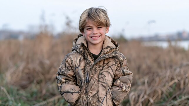 Boy smiling outdoors wearing camouflage jacket