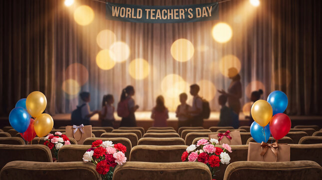 Carnations, balloons and gift bags on auditorium seats create a grand World Teacher's Day celebration at school, ideal for ceremony invitations and web slideshows.