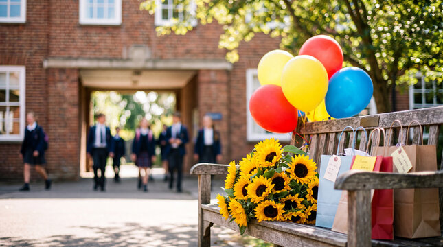 Sunflowers, balloons and gift bags on a school entrance bench welcome World Teacher's Day with joyful campus energy, great for web headers and event invitations.