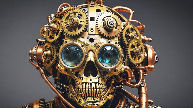 Steampunk Mechanical Metallic Humanoid Robot Skull with Brass Gears and Goggles