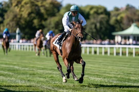 Horse and jockey racing on grass track