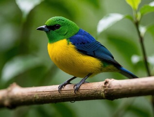 Obraz premium Colorful bird with green head yellow breast and blue wings sits on tree branch. Small songbird in natural jungle habitat. Fauna detail macro.