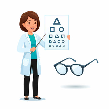 Professional eye doctor female person holding vision testing chart with geometric shapes for examination and medical treatment of patient eyesight while wearing lab coat in workplace health