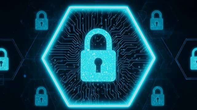Digital padlock icons in hexagonal grid with blue neon glow against dark background for cybersecurity concept