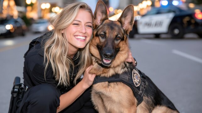 Female police officer posing with k9 dog