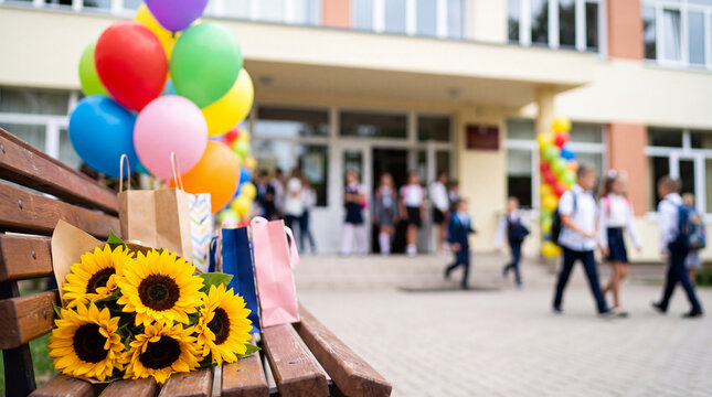 Sunflowers and balloons on a playground bench celebrate World Teacher's Day with joyful outdoor school spirit, great for event flyers and social media covers.